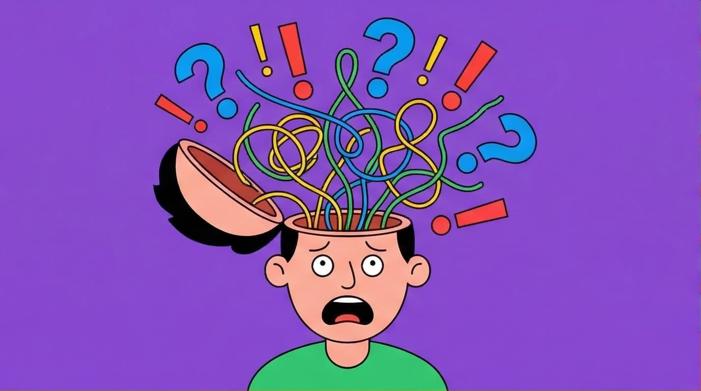 An illustration of a person with a racing mind, showing the signs of overthinking as chaotic thoughts spiral out of their head.