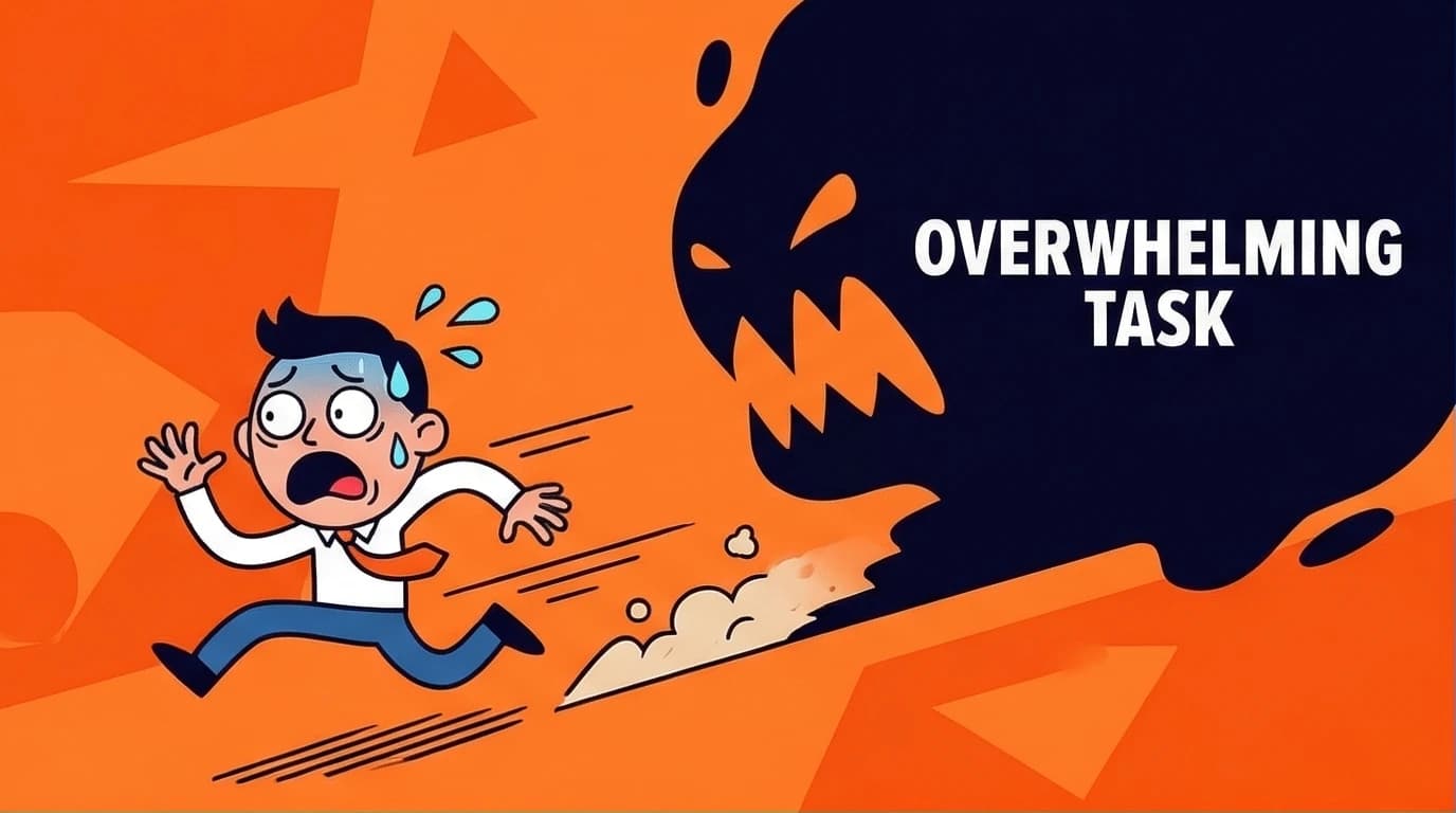 An illustration showing a character running from a looming task, visualizing the psychology of procrastination as a problem of emotional regulation.