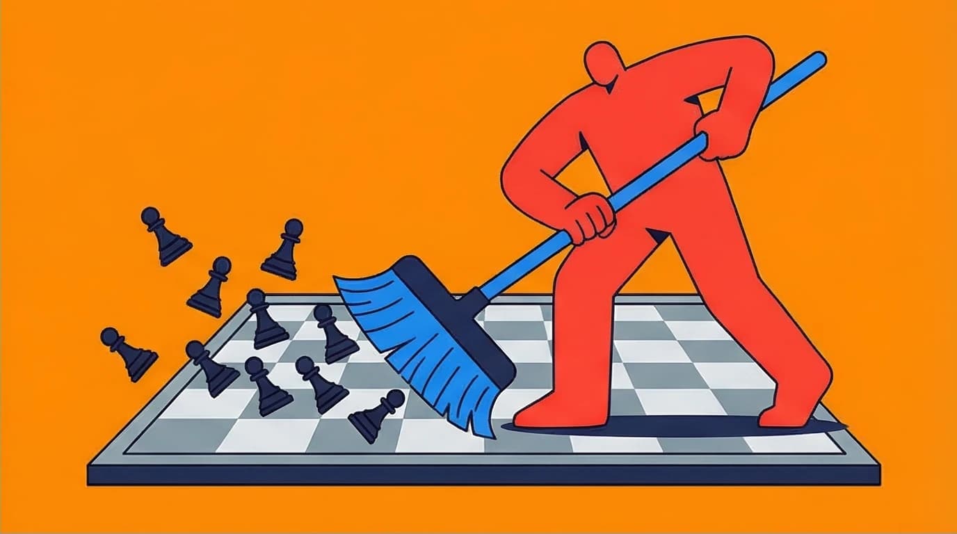 A powerful figure applying Law 15 from the 48 Laws of Power by sweeping competitors off a board, showing how to crush an enemy totally.