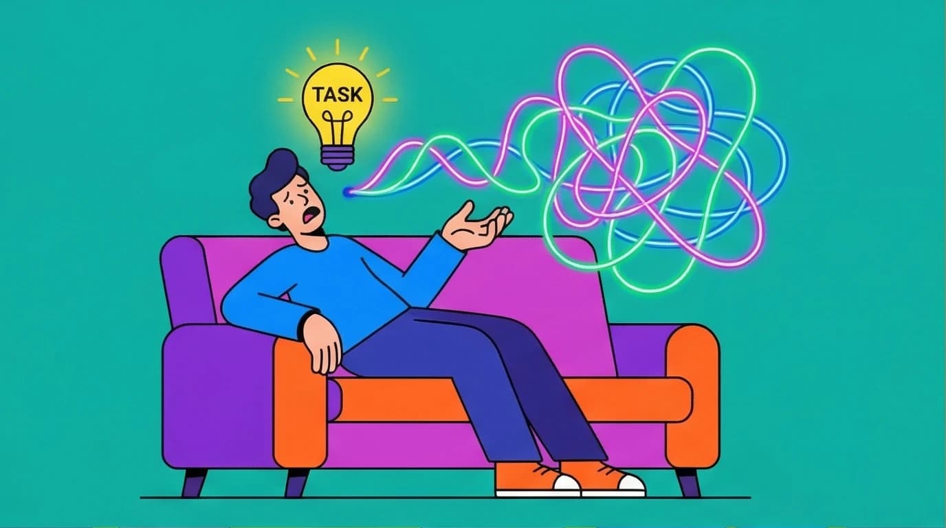 An illustration showing a person frozen on a couch, unable to act due to a tangled neurological barrier, representing the difference between ADHD paralysis vs procrastination.