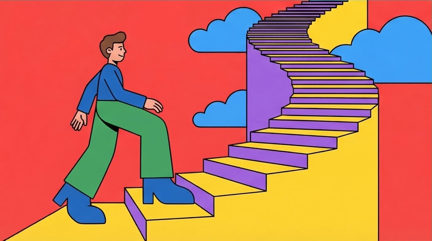 A character takes a small first step on a huge staircase, representing the 2-Minute Rule from Atomic Habits for building better systems.