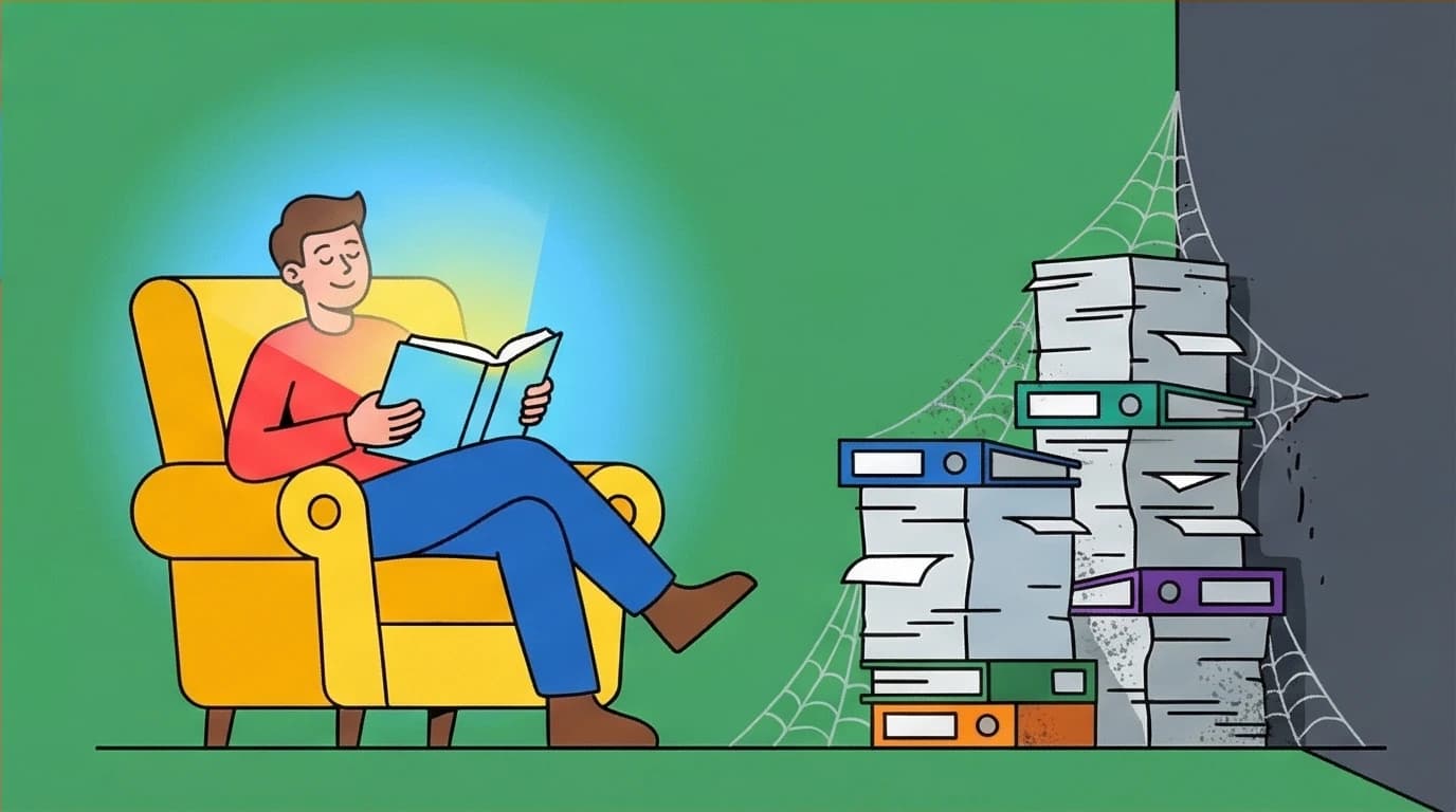 A person reads a glowing productivity book while real work gathers dust, warning against the procrastination trap of passive learning.