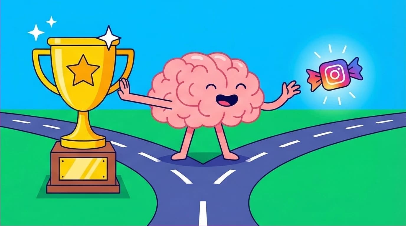 An illustration of the brain choosing a short-term dopamine reward over a long-term goal, explaining the emotional regulation problem of procrastination.