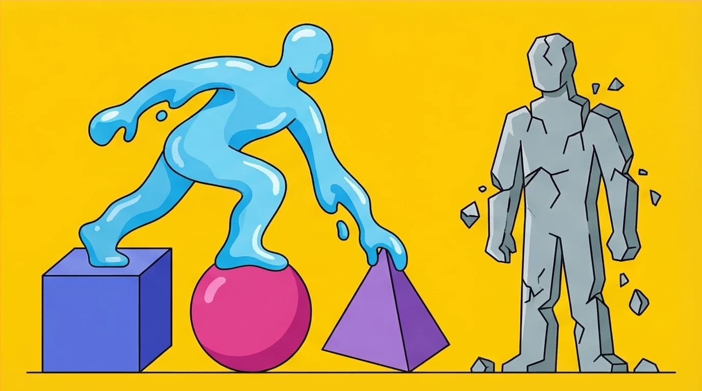 A fluid figure adapts its shape, illustrating Law 48 from Robert Greene's laws of power: Assume Formlessness to navigate change.