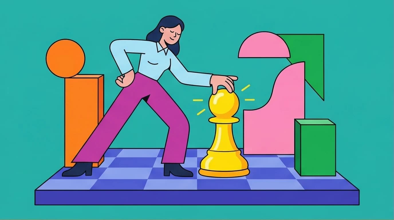 Illustration of a person moving a giant chess piece, representing the strategic use of Robert Greene's most important laws of power in daily life.