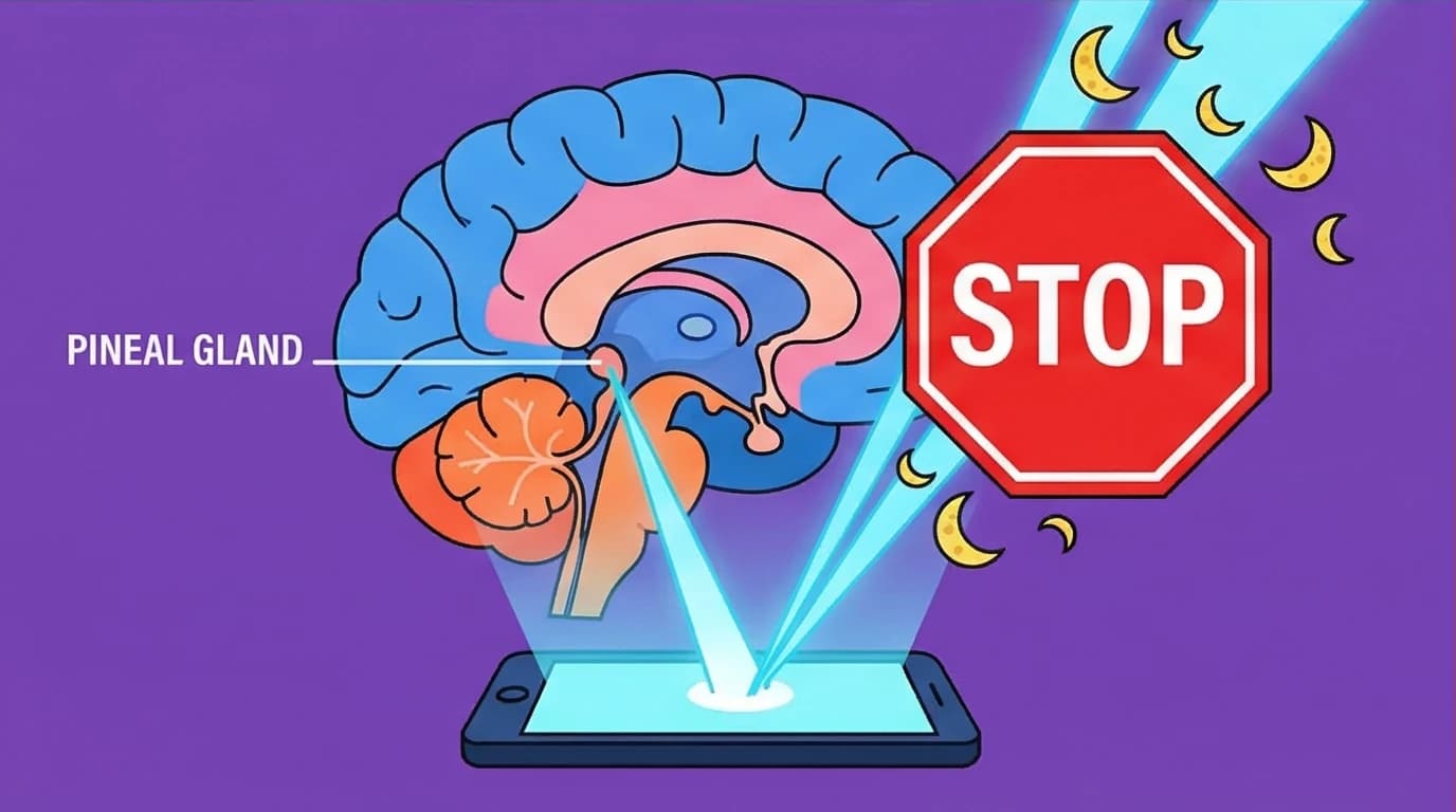 A diagram showing how blue light from phone screens disrupts sleep by blocking the brain's melatonin production, a key part of bedtime procrastination.