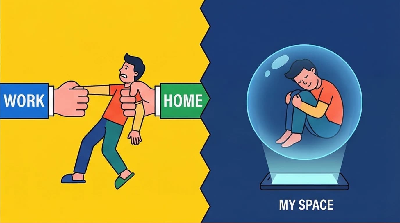 A visual metaphor for the psychology of revenge bedtime procrastination, showing a character reclaiming personal time at night after a stressful day.