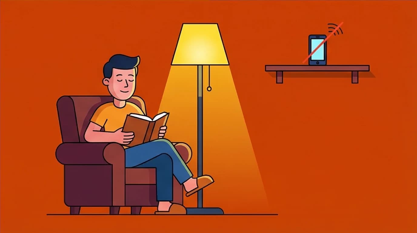 A character enjoying a screen-free wind-down routine to stop using their phone at night and break the cycle of revenge bedtime procrastination.