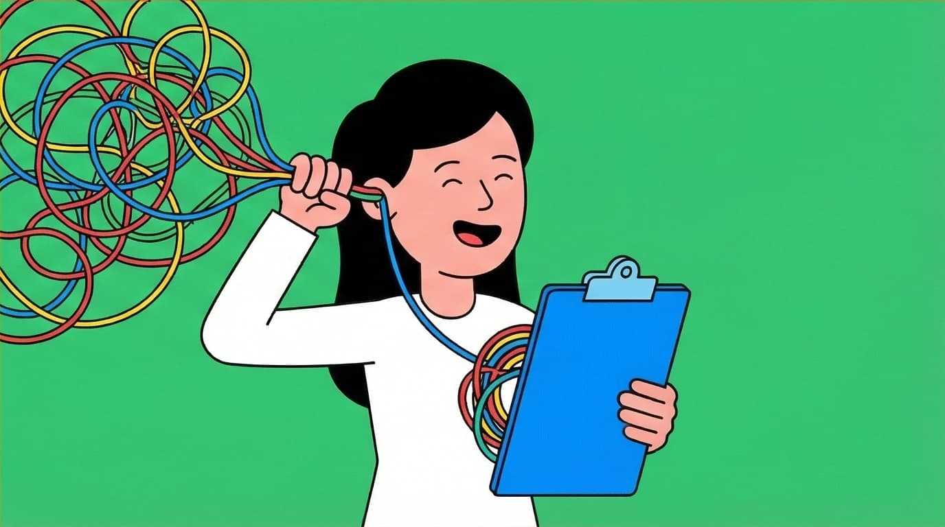 A person manages a racing mind by 'brain dumping' chaotic thoughts onto paper, a solution to stop the overthinking cycle.